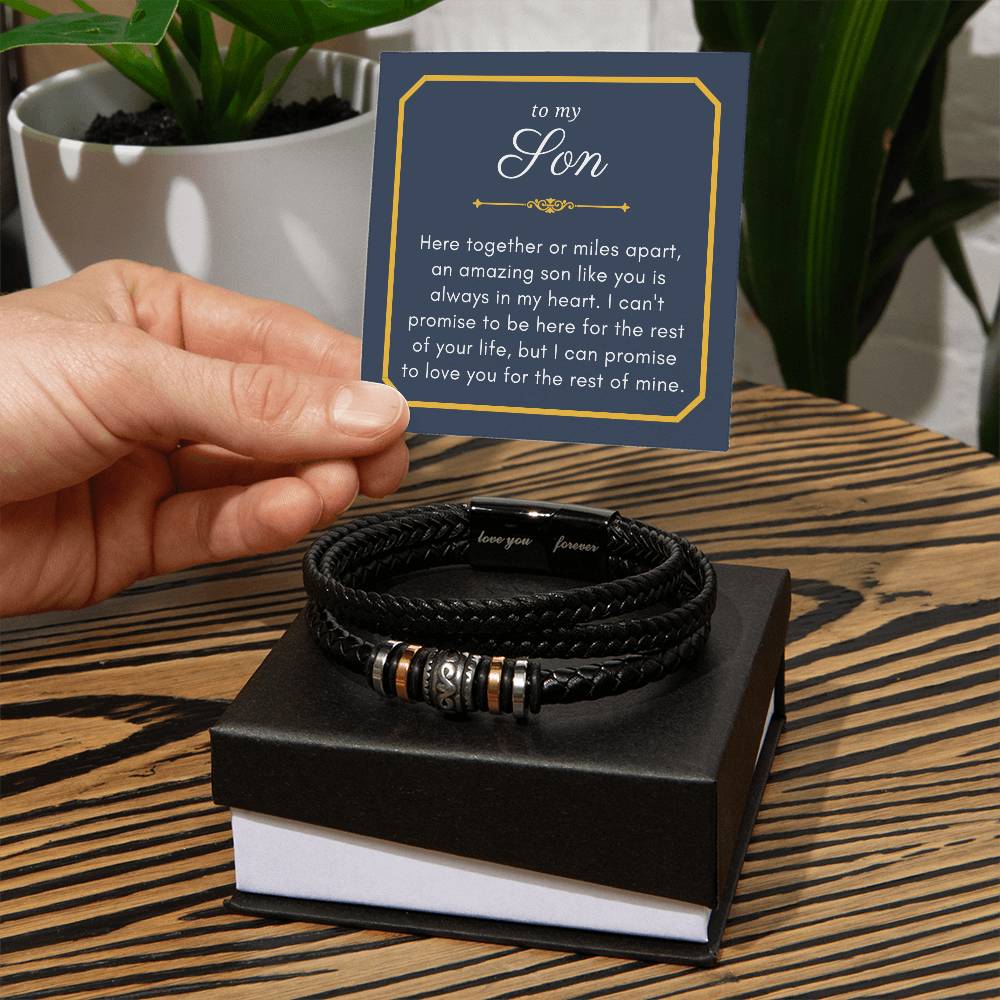 Gift For Son, Together or Miles Apart Graduation Encouragement Braided Vegan Leather Men Bracelet