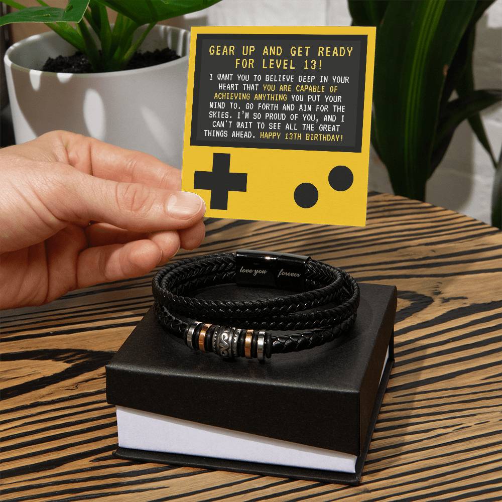 Retro Game Controller Happy 13th Birthday Gift For Teen Boy Braided Vegan Leather Men Bracelet