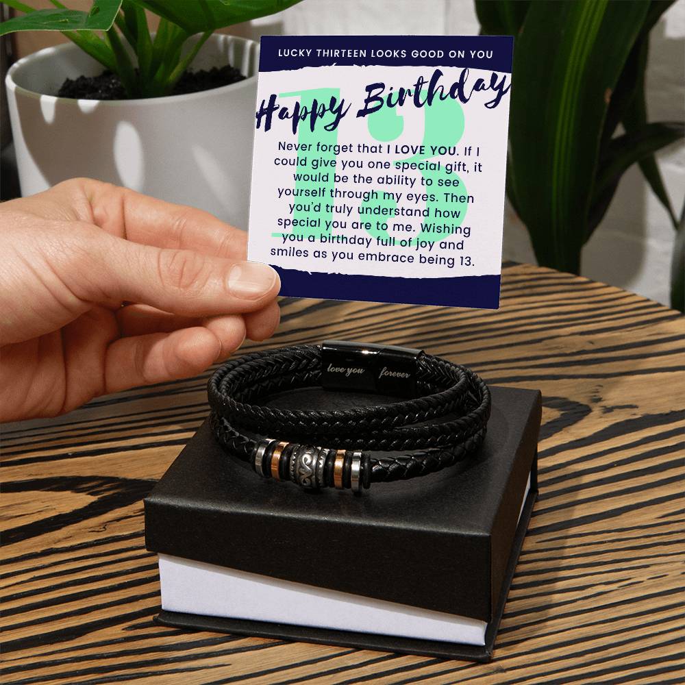 Lucky 13 Birthday Gift For Teen Boy Braided Vegan Leather Men Bracelet