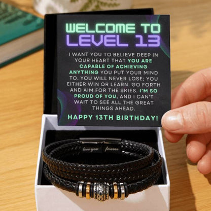 Gamer Level Up Happy 13th Birthday Gift For Teen Boy Braided Vegan Leather Men Bracelet