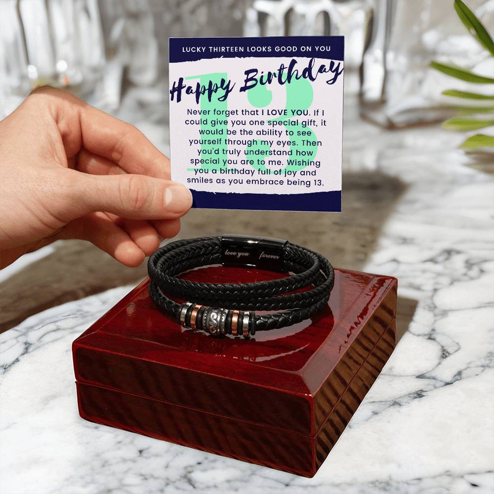 Lucky 13 Birthday Gift For Teen Boy Braided Vegan Leather Men Bracelet