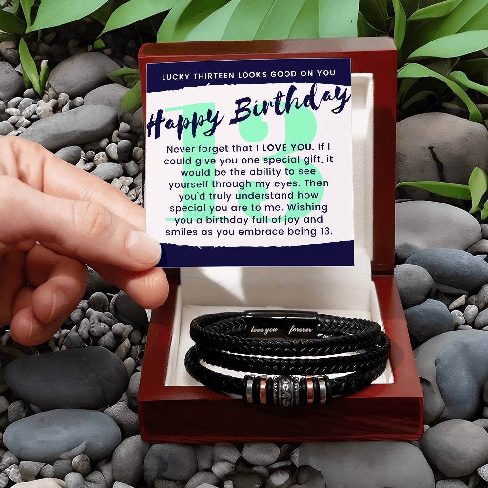 Lucky 13 Birthday Gift For Teen Boy Braided Vegan Leather Men Bracelet