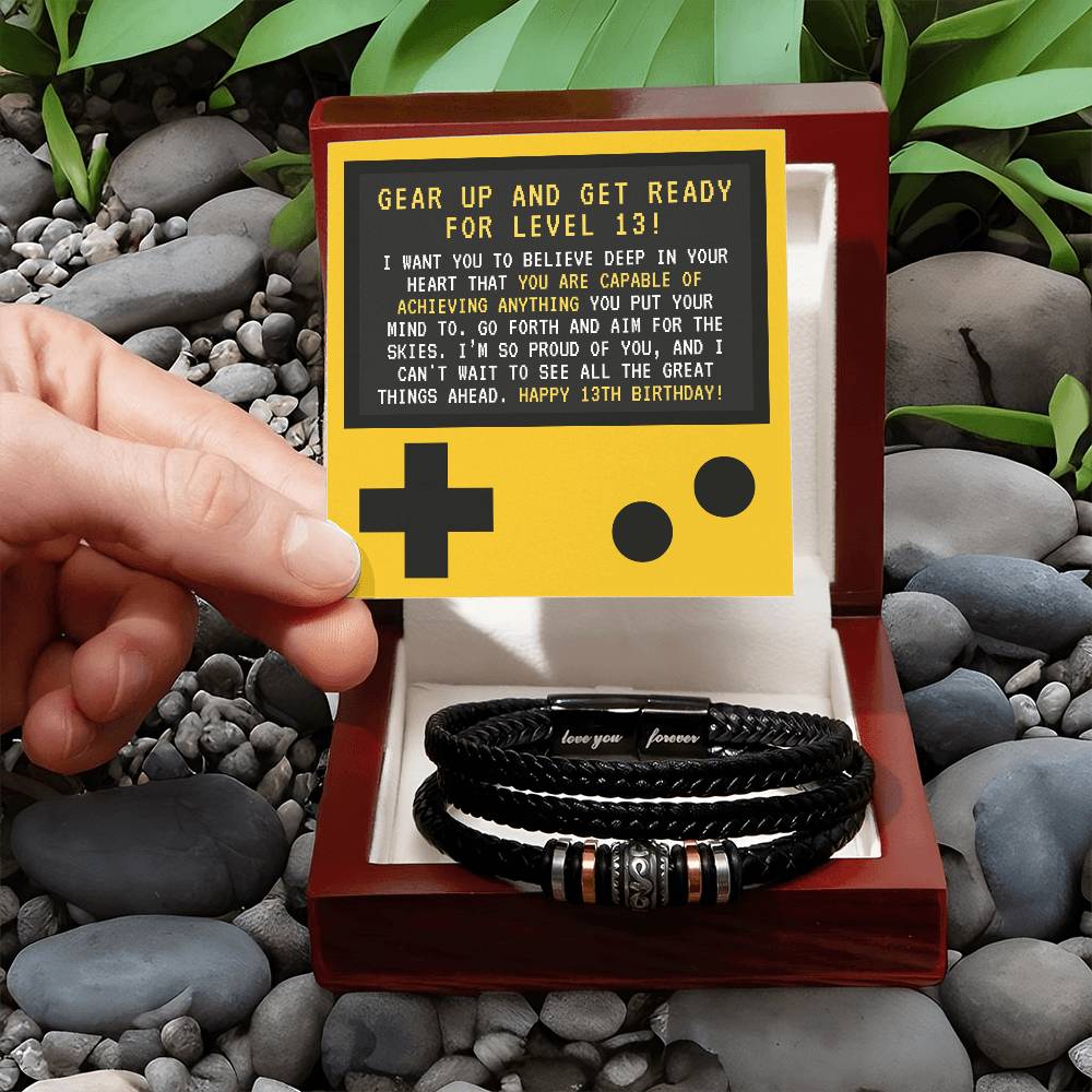 Retro Game Controller Happy 13th Birthday Gift For Teen Boy Braided Vegan Leather Men Bracelet