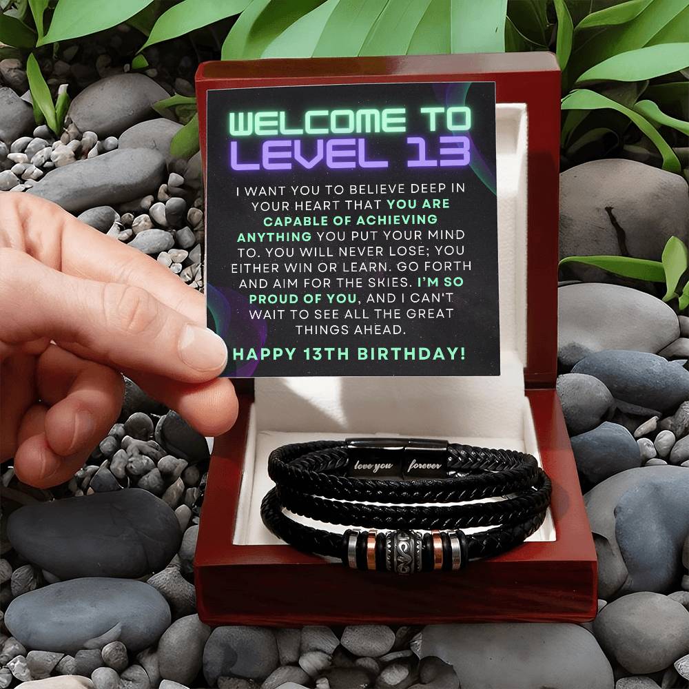 Gamer Level Up Happy 13th Birthday Gift For Teen Boy Braided Vegan Leather Men Bracelet