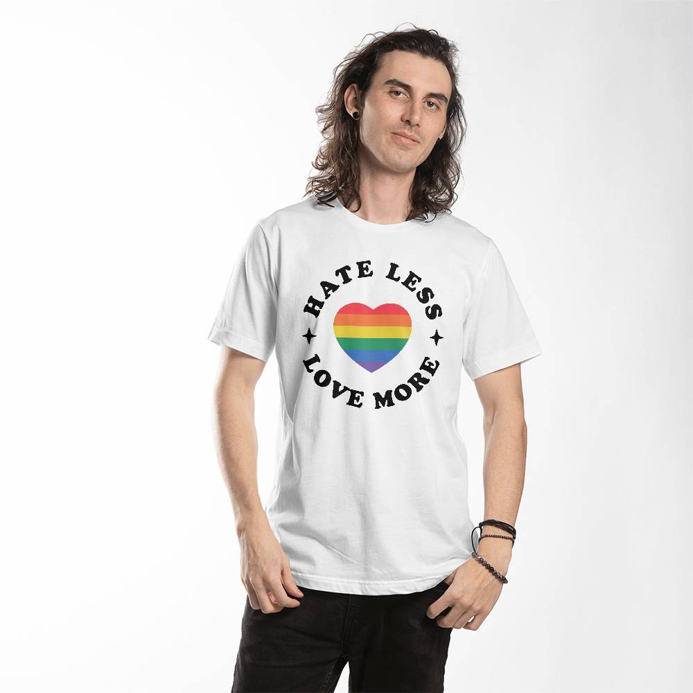 Hate Less Love More, Rainbow Heart LGBTQ Gay Pride Unisex T Shirt