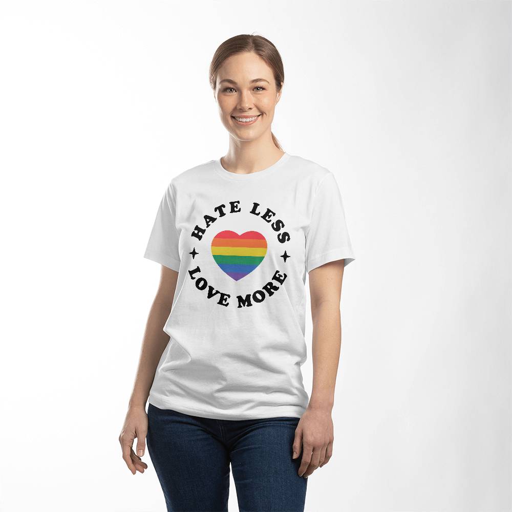 Hate Less Love More, Rainbow Heart LGBTQ Gay Pride Unisex T Shirt