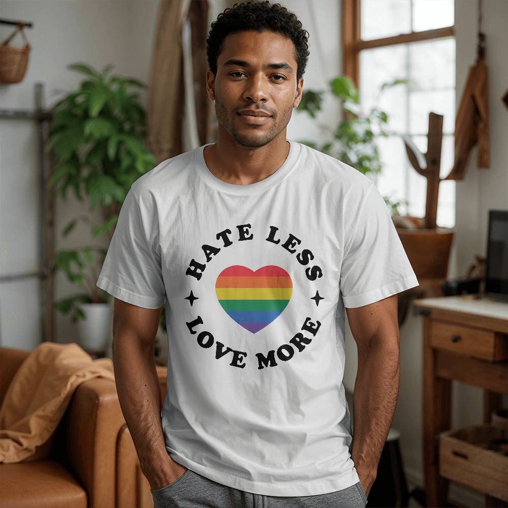 Hate Less Love More, Rainbow Heart LGBTQ Gay Pride Unisex T Shirt