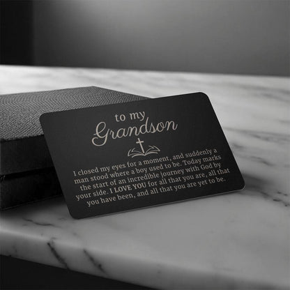 To My Grandson, Confirmation or Baptism Religious Gift Engraved Metal Wallet Card