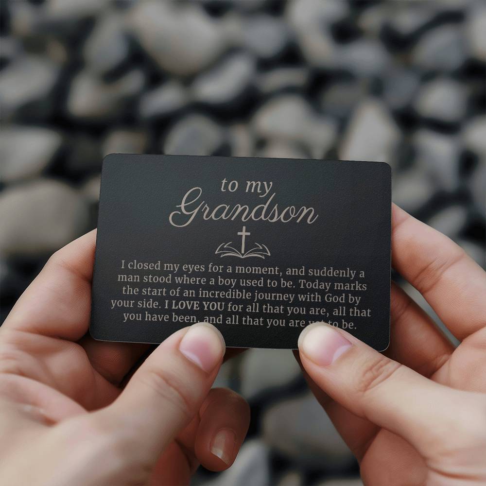 To My Grandson, Confirmation or Baptism Religious Gift Engraved Metal Wallet Card