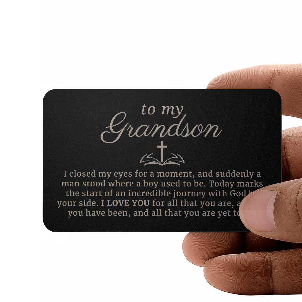 To My Grandson, Confirmation or Baptism Religious Gift Engraved Metal Wallet Card