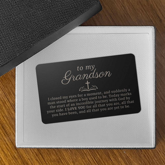 To My Grandson, Confirmation or Baptism Religious Gift Engraved Metal Wallet Card