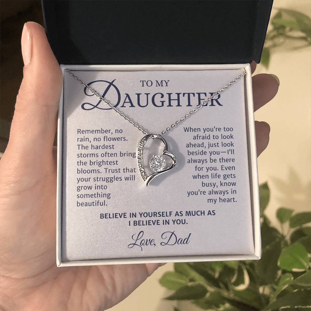 To My Daughter Gift from Mom or Dad, Forever Love Necklace, No Rain No Flower Personalized Message Card