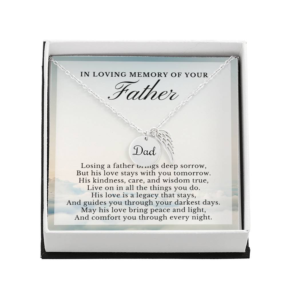 In Loving Memory of Your Father, Remembrance Poem, Dad Memorial Angel Wing Necklace Gift