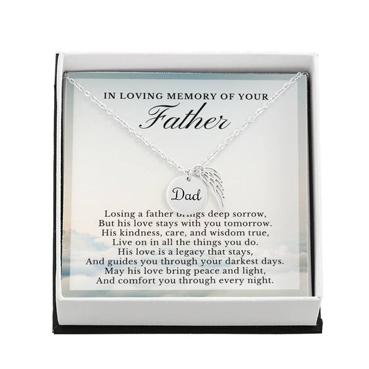 In Loving Memory of Your Father, Remembrance Poem, Dad Memorial Angel Wing Necklace Gift