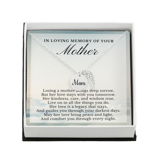 In Loving Memory of Your Mother, Remembrance Poem, Mom Memorial Angel Wing Necklace Gift