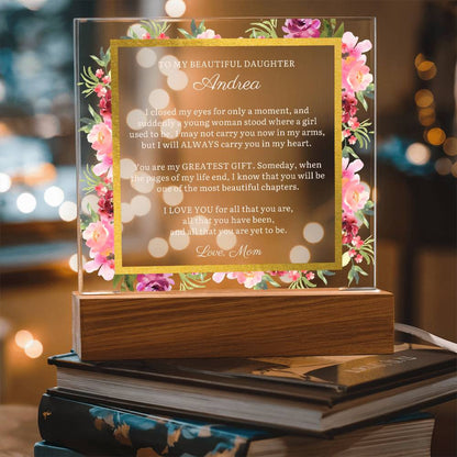 To Daughter Gift, Beautiful Chapter Message LED Lighted Acrylic Plaque with Optional Necklace Keepsake (white text)