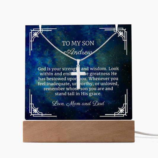 Confirmation Gift for Boys, God is Your Strength Religious Cross Necklace on Personalized LED Lighted Acrylic Plaque