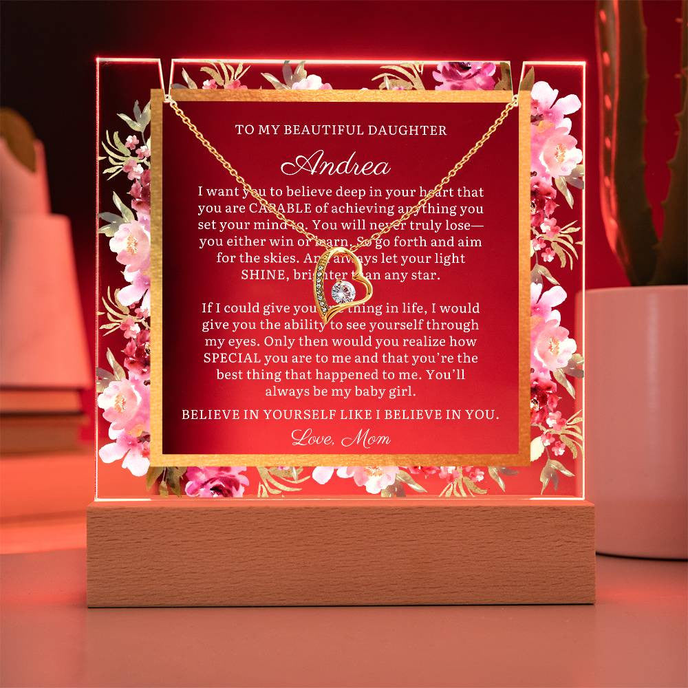 Personalized To Daughter Gift, Believe in Yourself, Message LED Lighted Acrylic Plaque with Optional Necklace Keepsake (white text)