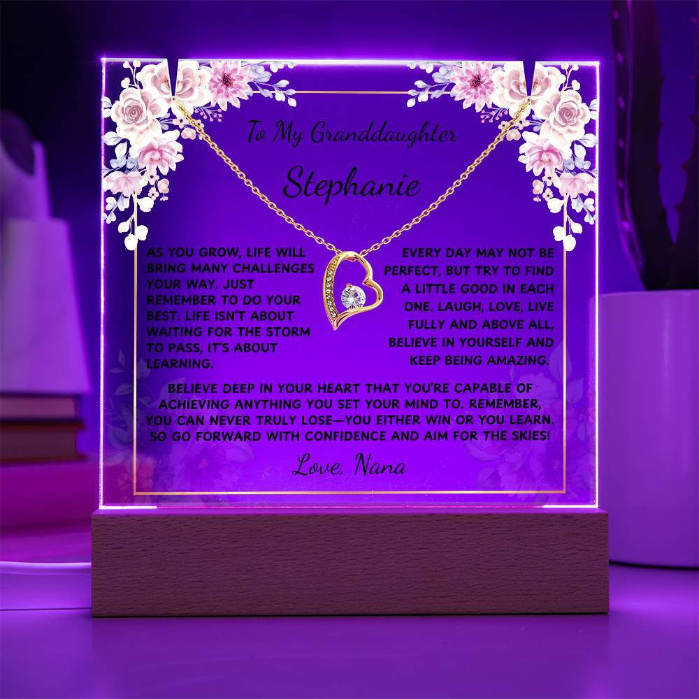 To My Granddaughter Gift, Personalized Message LED Light Acrylic with Heart Pendant Necklace