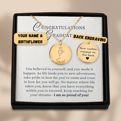 So Proud of You, Congratulations Graduate Engraved Name Birth Flower Coin Necklace