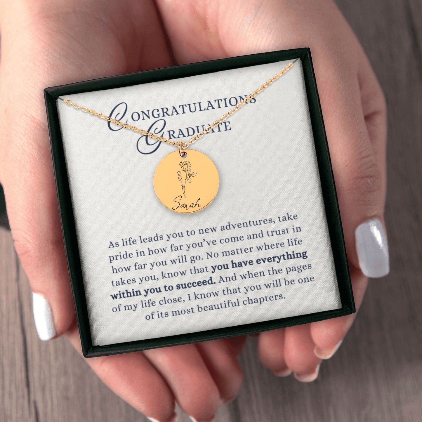 Congratulations Graduate Gift, Beautiful Chapters Custom Name Birth Flower Coin Necklace