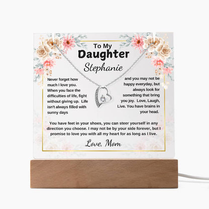 To My Daughter Gift, Personalized Message LED Light Acrylic with Heart Pendant Necklace