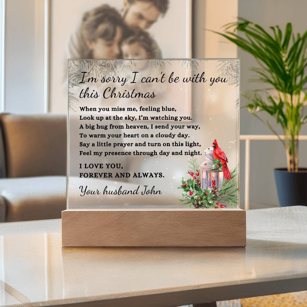 Christmas Cardinal Custom Sympathy Gift, Condolence LED Light Personalized Memorial Poem on Acrylic Plaque