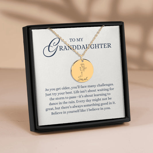 To my Granddaughter Gift, Believe in Yourself, Laser Engraved Personalized Birth Flower Pendant Name Necklace