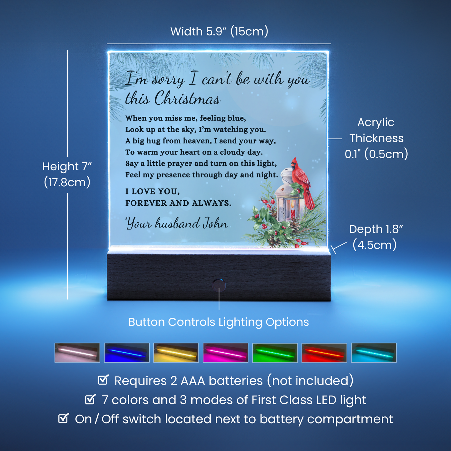 Christmas Cardinal Custom Sympathy Gift, Condolence LED Light Personalized Memorial Poem on Acrylic Plaque