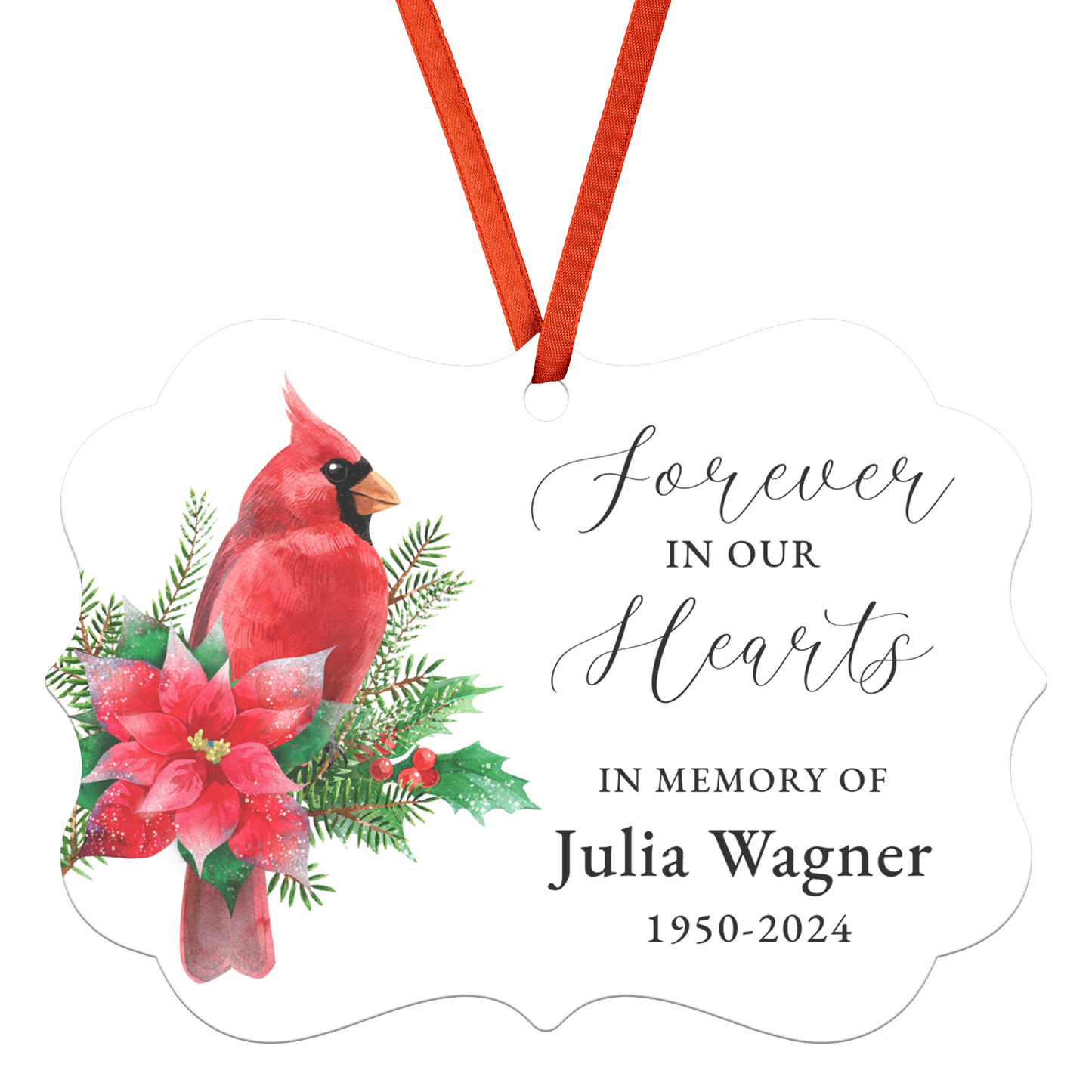 Personalized Memorial Ornament, Forever in Our Heart Custom In Memory of Keepsake, Red Cardinal Grief Gift, Remembrance Loss of Mom, Loss of Dad