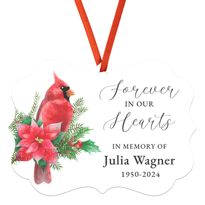 Personalized Memorial Ornament, Forever in Our Heart Custom In Memory of Keepsake, Red Cardinal Grief Gift, Remembrance Loss of Mom, Loss of Dad