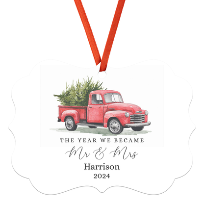 Red Truck Personalized Mr and Mrs Ornament for Newlyweds