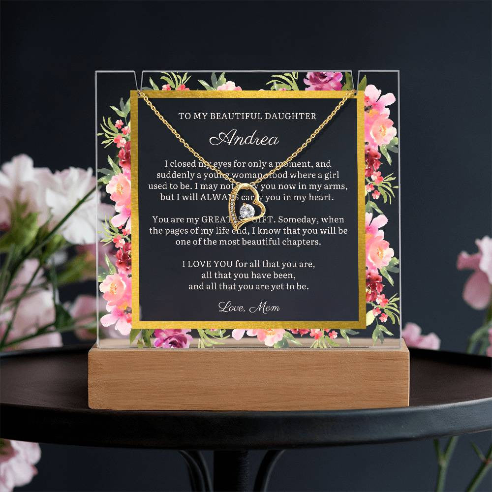 To Daughter Gift, Beautiful Chapter Message LED Lighted Acrylic Plaque with Optional Necklace Keepsake (white text)