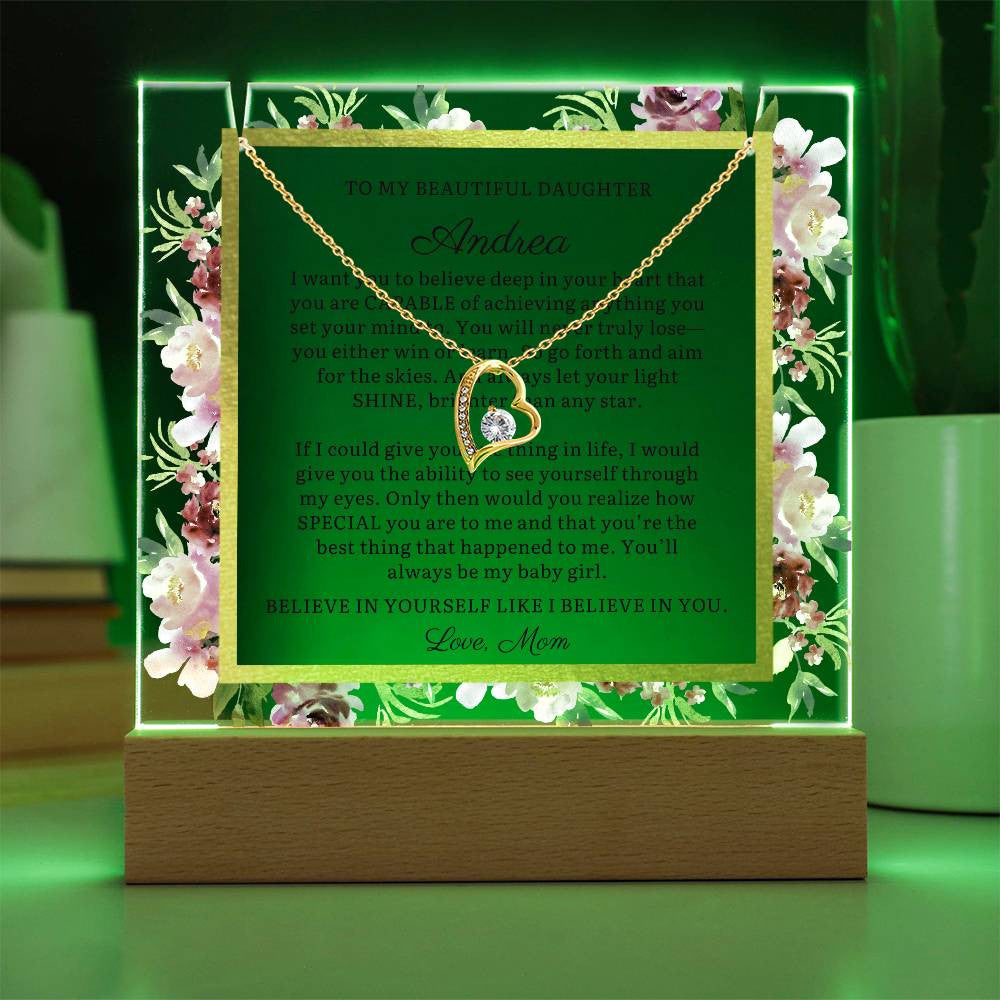 Personalized To Daughter Gift, Believe in Yourself, Message LED Lighted Acrylic Plaque with Optional Necklace Keepsake