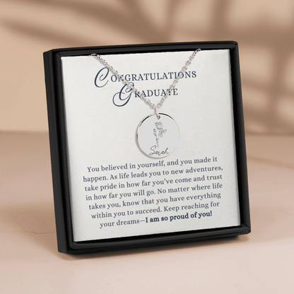 So Proud of You, Congratulations Graduate Engraved Name Birth Flower Coin Necklace