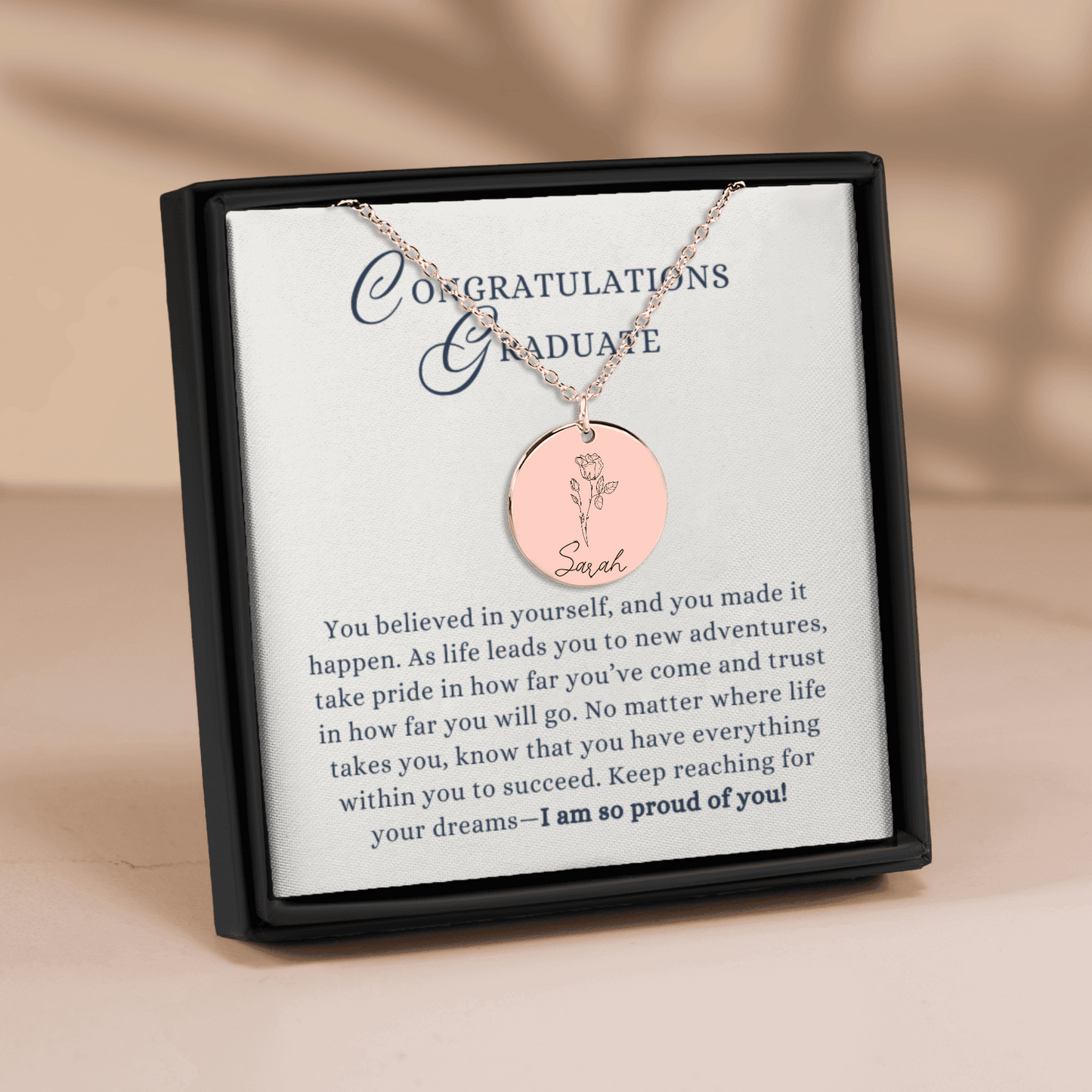 So Proud of You, Congratulations Graduate Engraved Name Birth Flower Coin Necklace