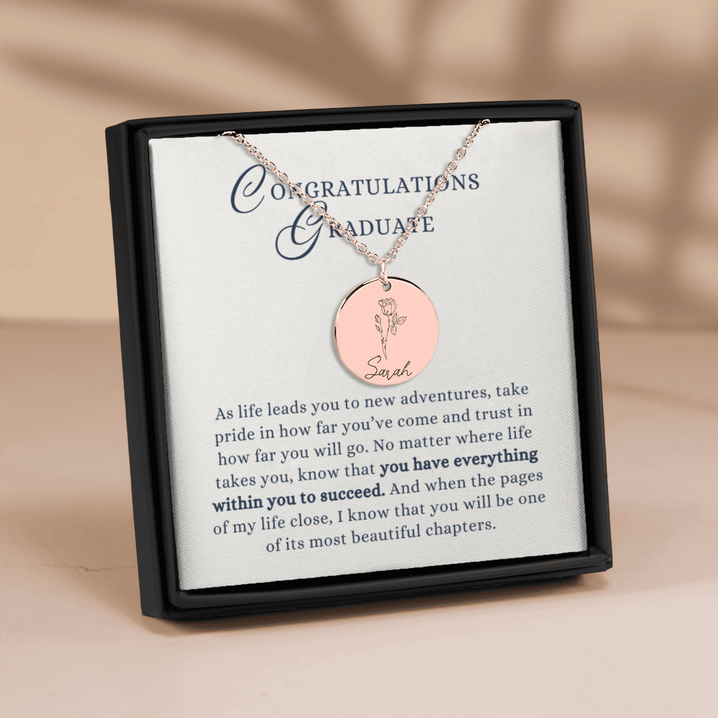 Congratulations Graduate Gift, Beautiful Chapters Custom Name Birth Flower Coin Necklace