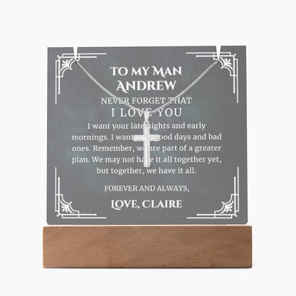 To My Man Cross Necklace, Personalizesd Sentimental Message Printed LED Lighted Acrylic Plaque Anniversary Gift