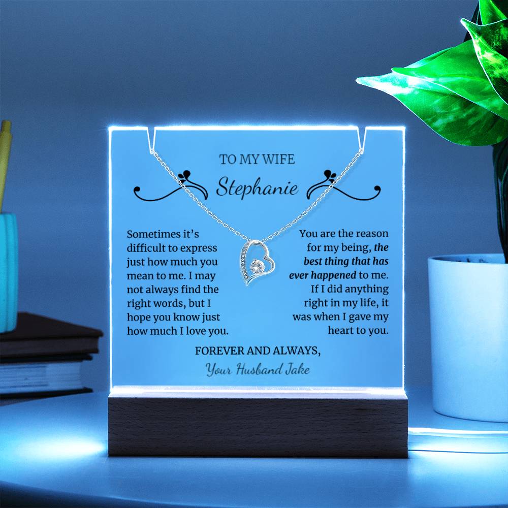 To My Wife Gift, Soulmate Gift, Personalized Message LED Lighted Acrylic Keepsake with Forever Love Heart Pendant Necklace