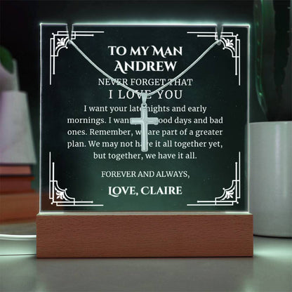 To My Man Cross Necklace, Personalizesd Sentimental Message Printed LED Lighted Acrylic Plaque Anniversary Gift