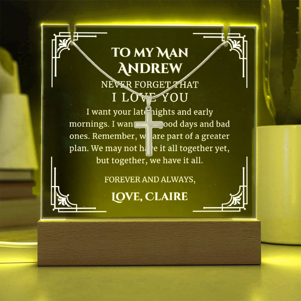 To My Man Cross Necklace, Personalizesd Sentimental Message Printed LED Lighted Acrylic Plaque Anniversary Gift