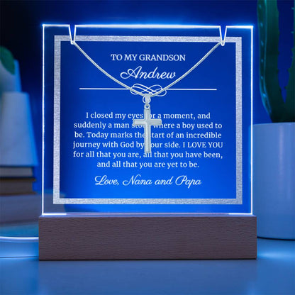 Confirmation Gift for Boys, Religious Cross Necklace on Personalized LED Lighted Acrylic Plaque Keepsake