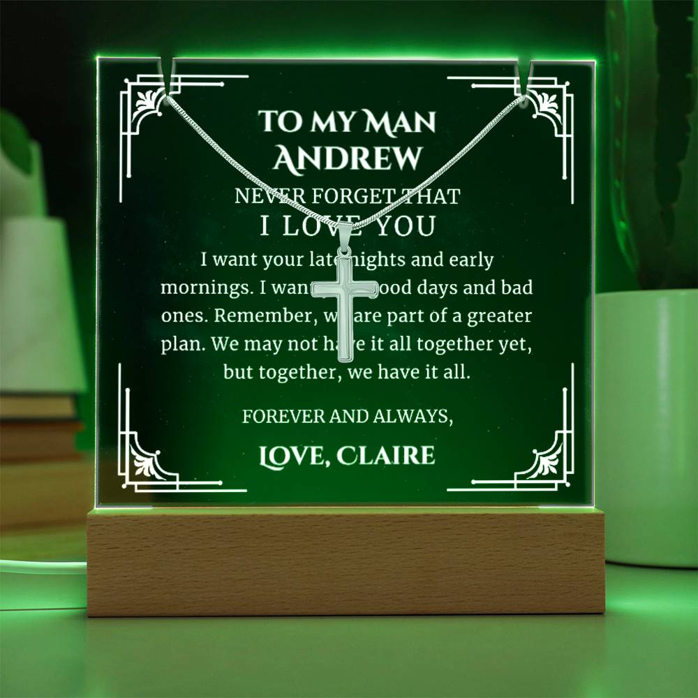 To My Man Cross Necklace, Personalizesd Sentimental Message Printed LED Lighted Acrylic Plaque Anniversary Gift