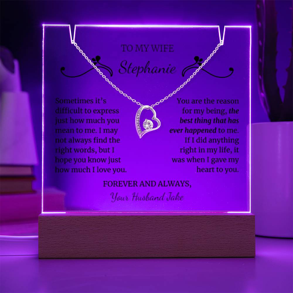 To My Wife Gift, Soulmate Gift, Personalized Message LED Lighted Acrylic Keepsake with Forever Love Heart Pendant Necklace