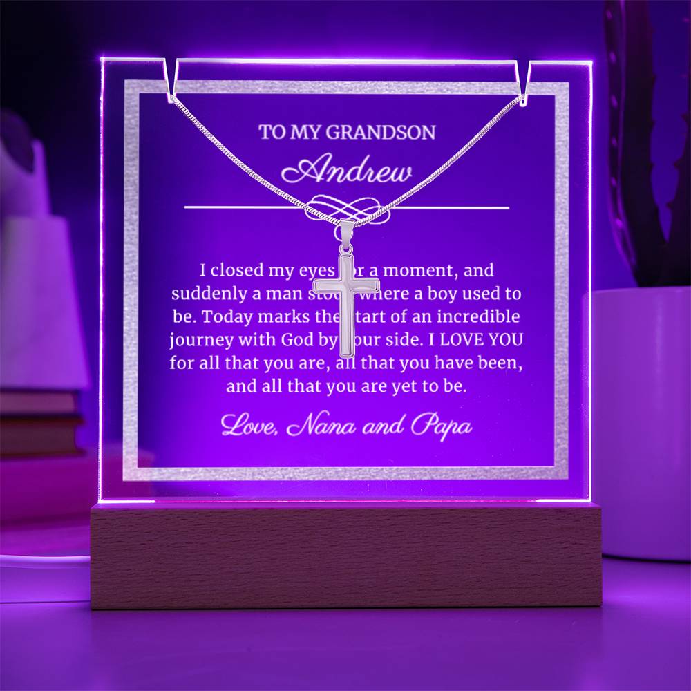 Confirmation Gift for Boys, Religious Cross Necklace on Personalized LED Lighted Acrylic Plaque Keepsake