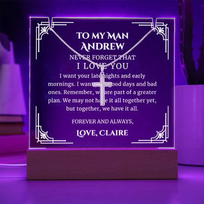 To My Man Cross Necklace, Personalizesd Sentimental Message Printed LED Lighted Acrylic Plaque Anniversary Gift