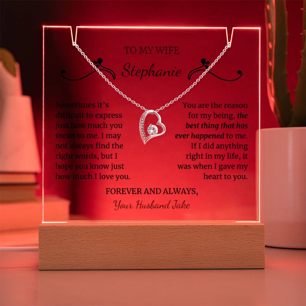 To My Wife Gift, Soulmate Gift, Personalized Message LED Lighted Acrylic Keepsake with Forever Love Heart Pendant Necklace